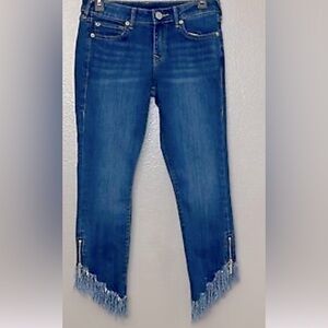 True Religion Halle Mid Rise Super Skinny Frayed Hem and side Hem Zippers